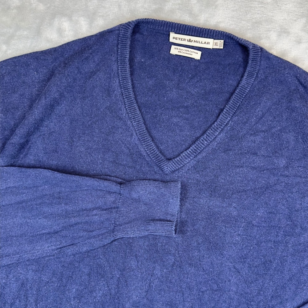 Peter Millar Sweater‎ Mens XL Blue Silk Cotton Cashmere V-Neck Lightweight Knit